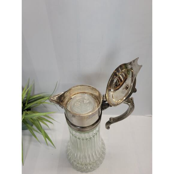 Vintage Glass Ribbed Carafe Pitcher, Silver Plated Cover & Ice Wand - Picture 2 of 5